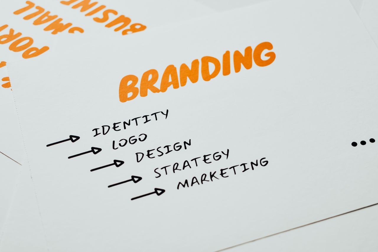 mobile-02 Close-up of a paper with branding, identity, design, strategy, and marketing concepts in orange and black.
